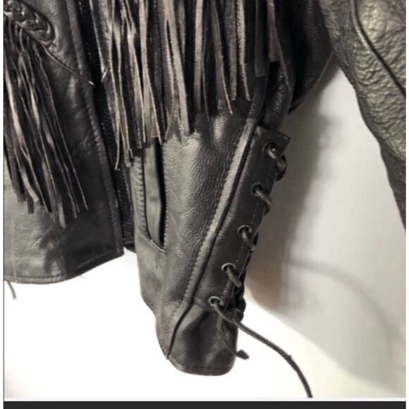 Vintage Black Leather Fringe Motorcycle Jacket with Embroidery Large - Picture 9 of 12